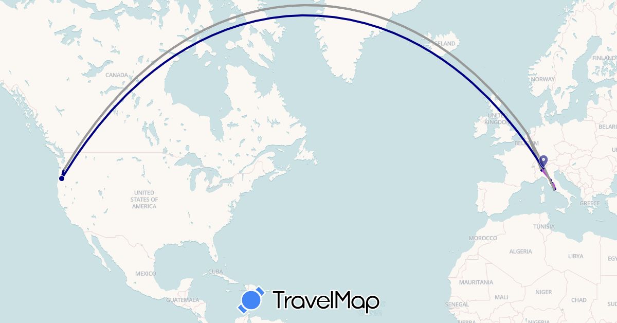 TravelMap itinerary: driving, plane, train, hiking, boat in Italy, Netherlands, United States (Europe, North America)